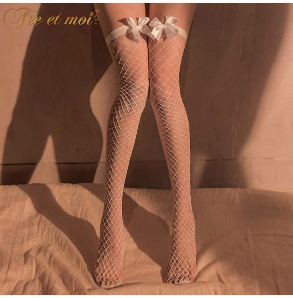 FEE ET MOI Bow Thigh High Net Stockings (White)